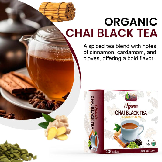 True Organic Chai Black Tea, Premium Ceylon Tea, 100 Tea Bags