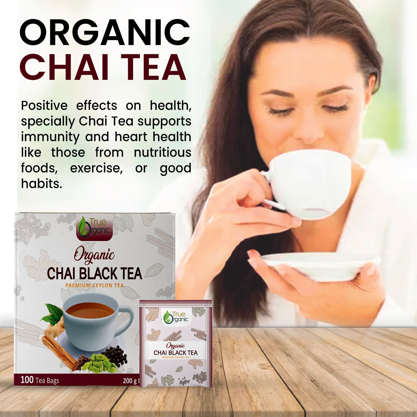 True Organic Chai Black Tea, Premium Ceylon Tea, 100 Tea Bags