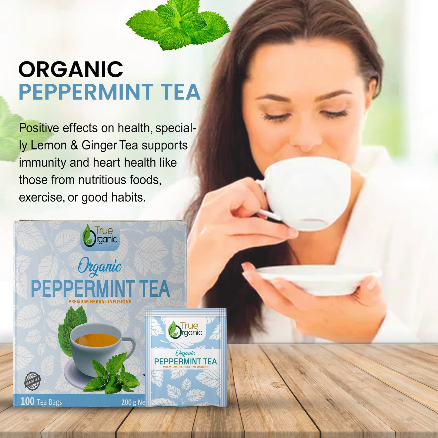 True Organic Peppermint Tea, Premium Ceylon Tea, 100 Tea Bags