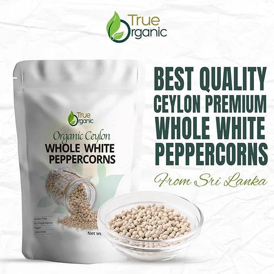 True Organic package of premium whole white Ceylon peppercorns with bowl, from Sri Lanka, gluten-free and vegan