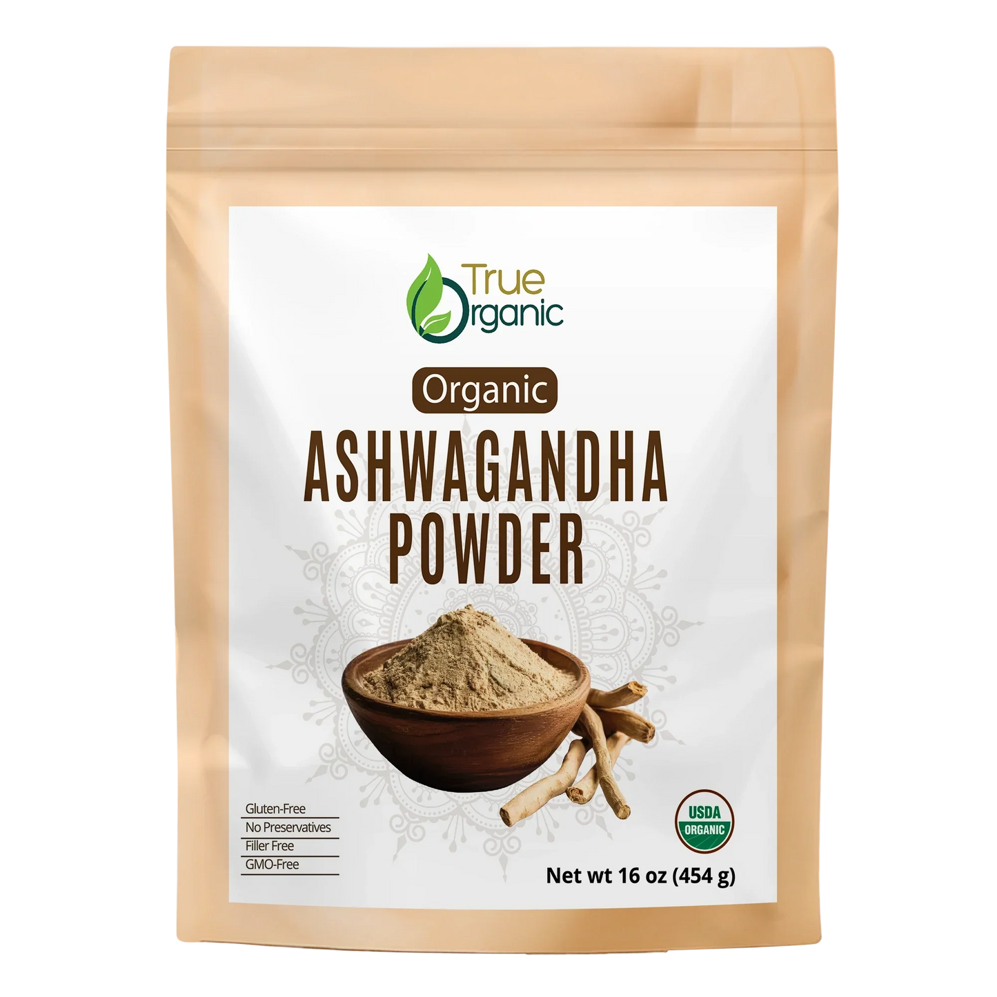 True Organic brand organic Ashwagandha powder in a resealable craft pouch with USDA organic label