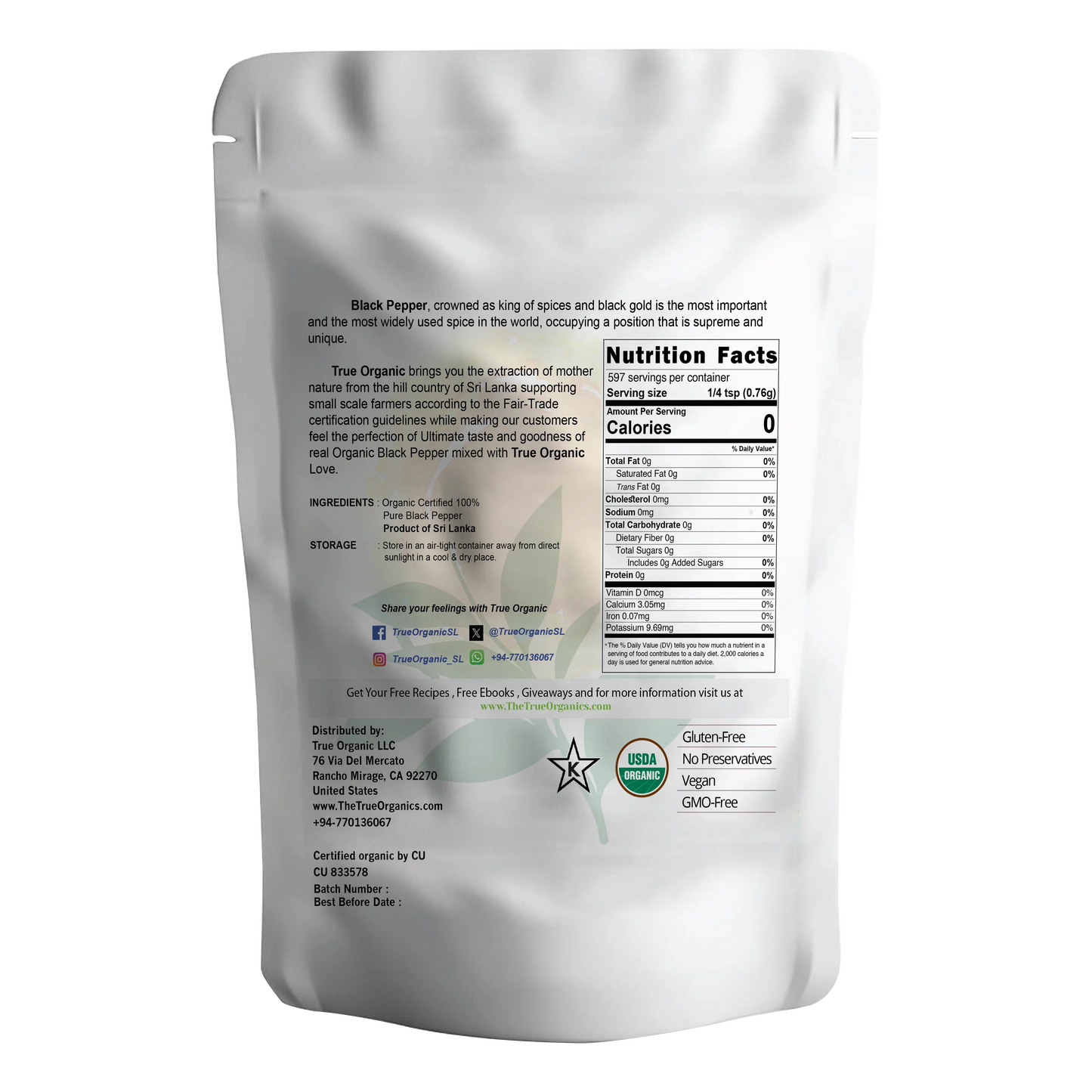 True Organic Black Peppercorns Whole 16 Oz