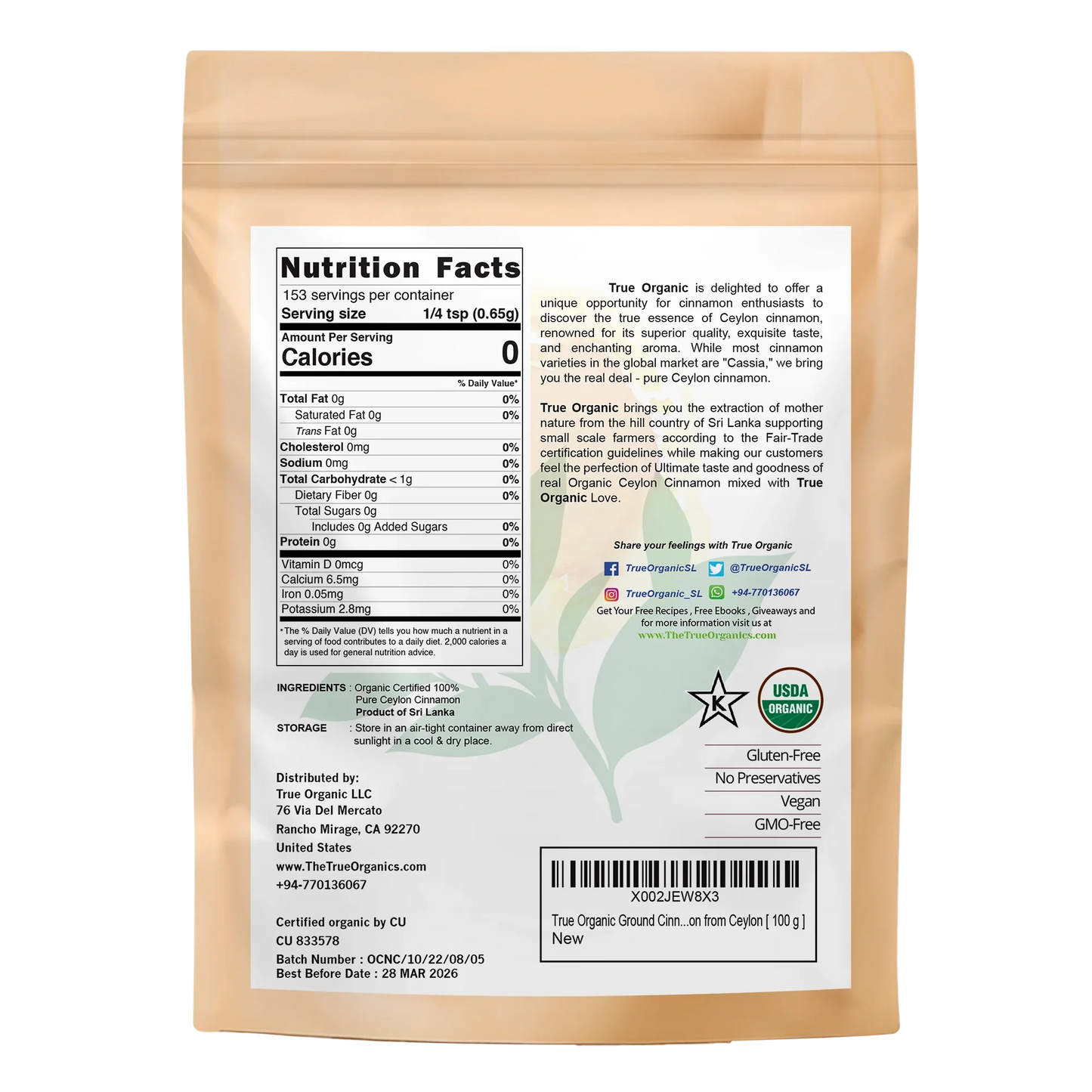 True Organic Cinnamon Powder 3.5 Oz