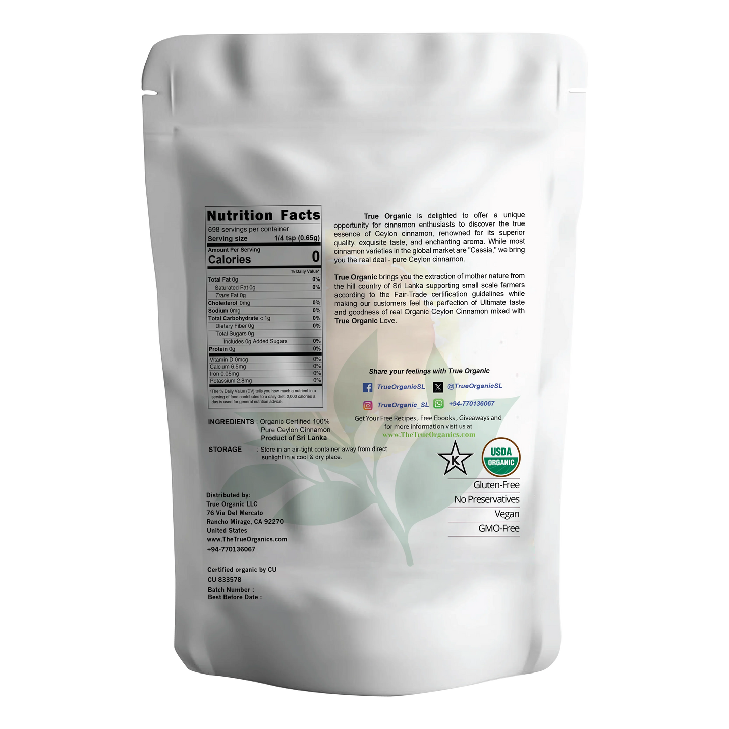 True Organic Cinnamon Powder 16 Oz