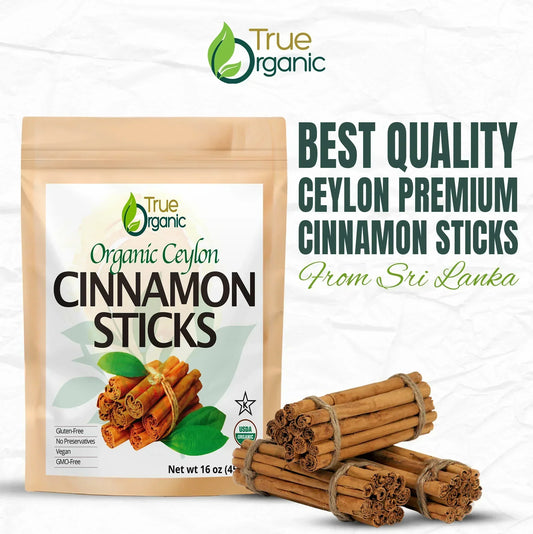 True Organic 16oz pouch of organic Ceylon cinnamon sticks with three bundles of cinnamon sticks tied with twine