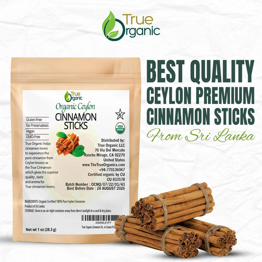 Organic Ceylon cinnamon sticks in beige resealable pouch with tied cinnamon bundles