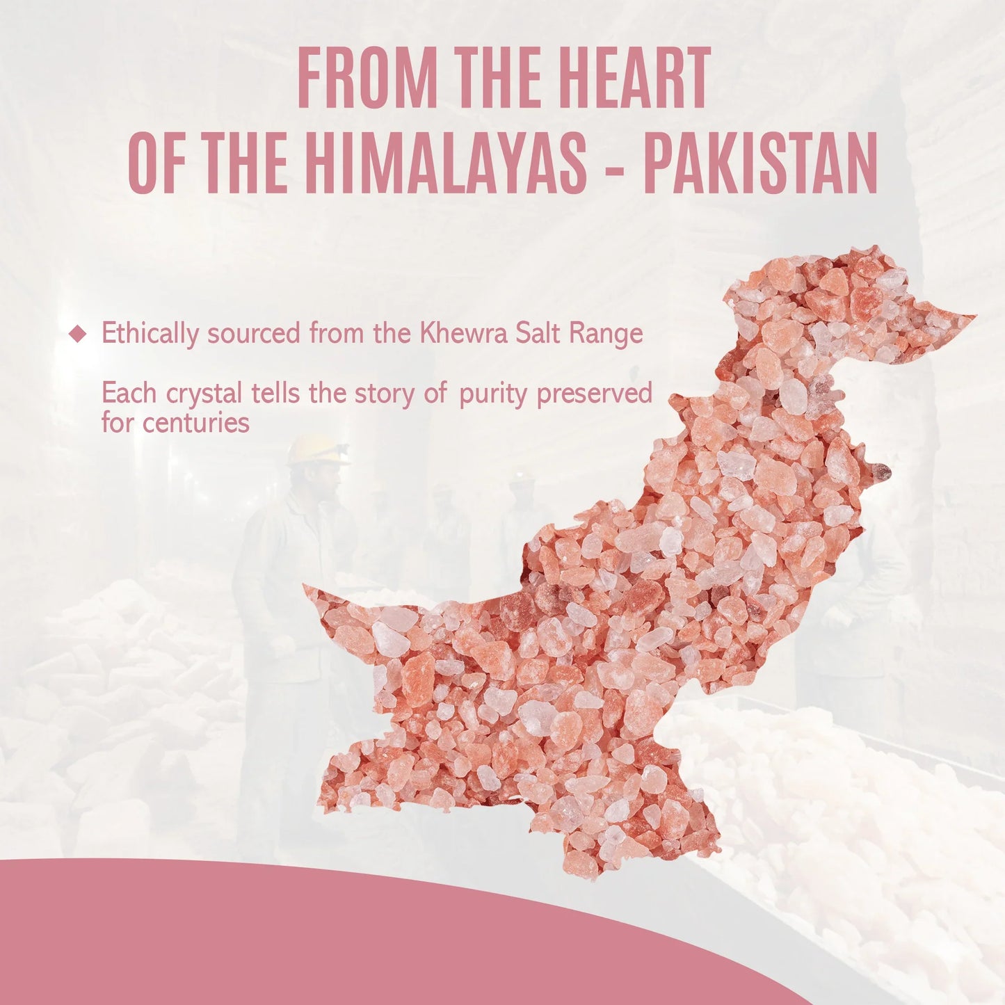 Map of Pakistan filled with pink Himalayan salt crystals highlighting ethically sourced Himalayan pink salt from Khewra Salt Range