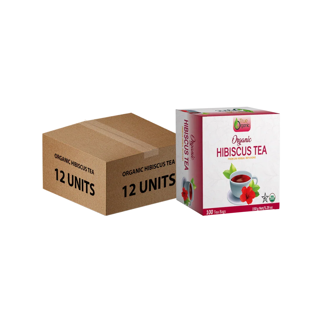 Box of 100 bags True Organic Hibiscus Tea next to brown cardboard shipping box labeled 12 units