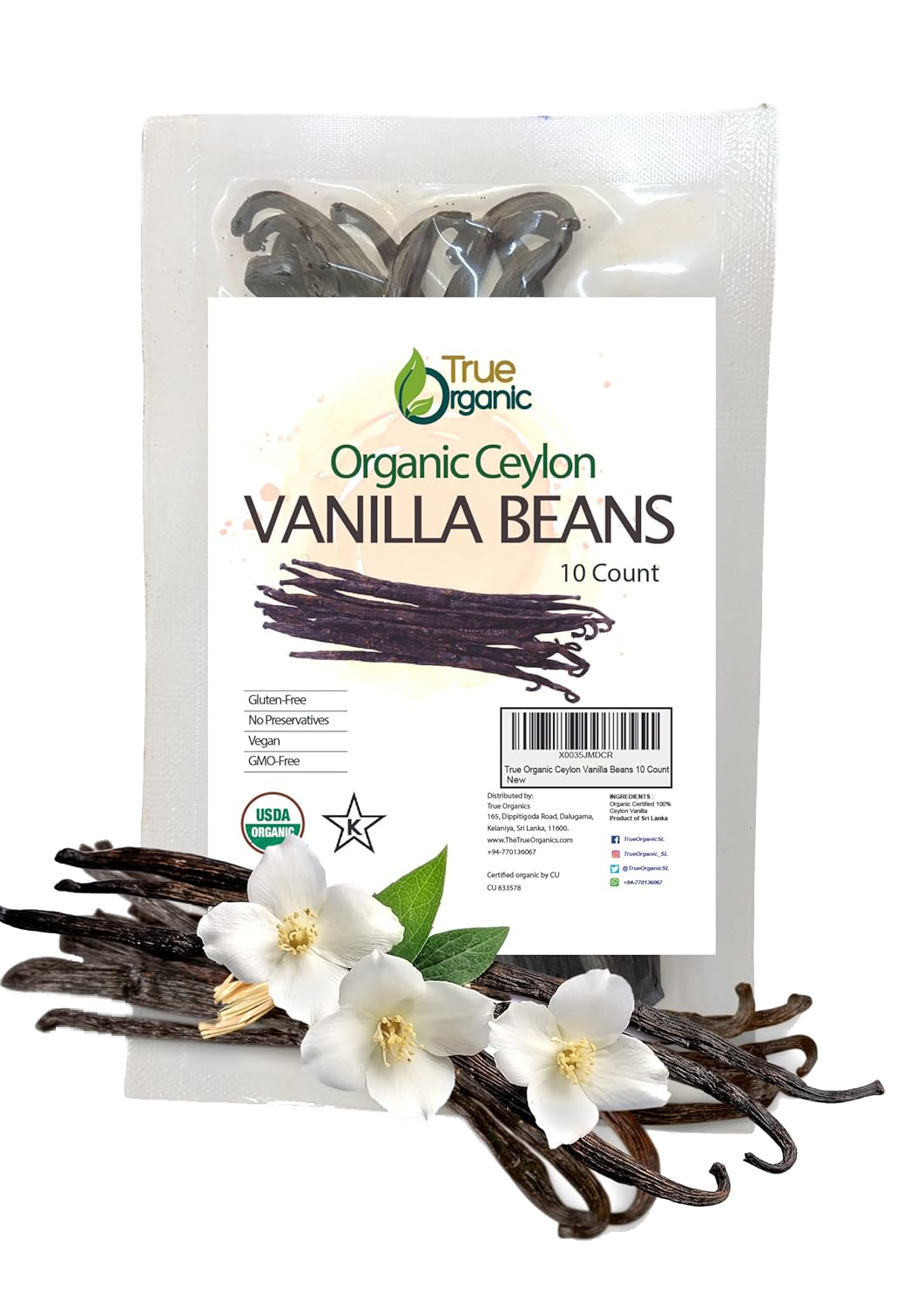 True Organic Ceylon Vanilla Beans Whole, 10 Count