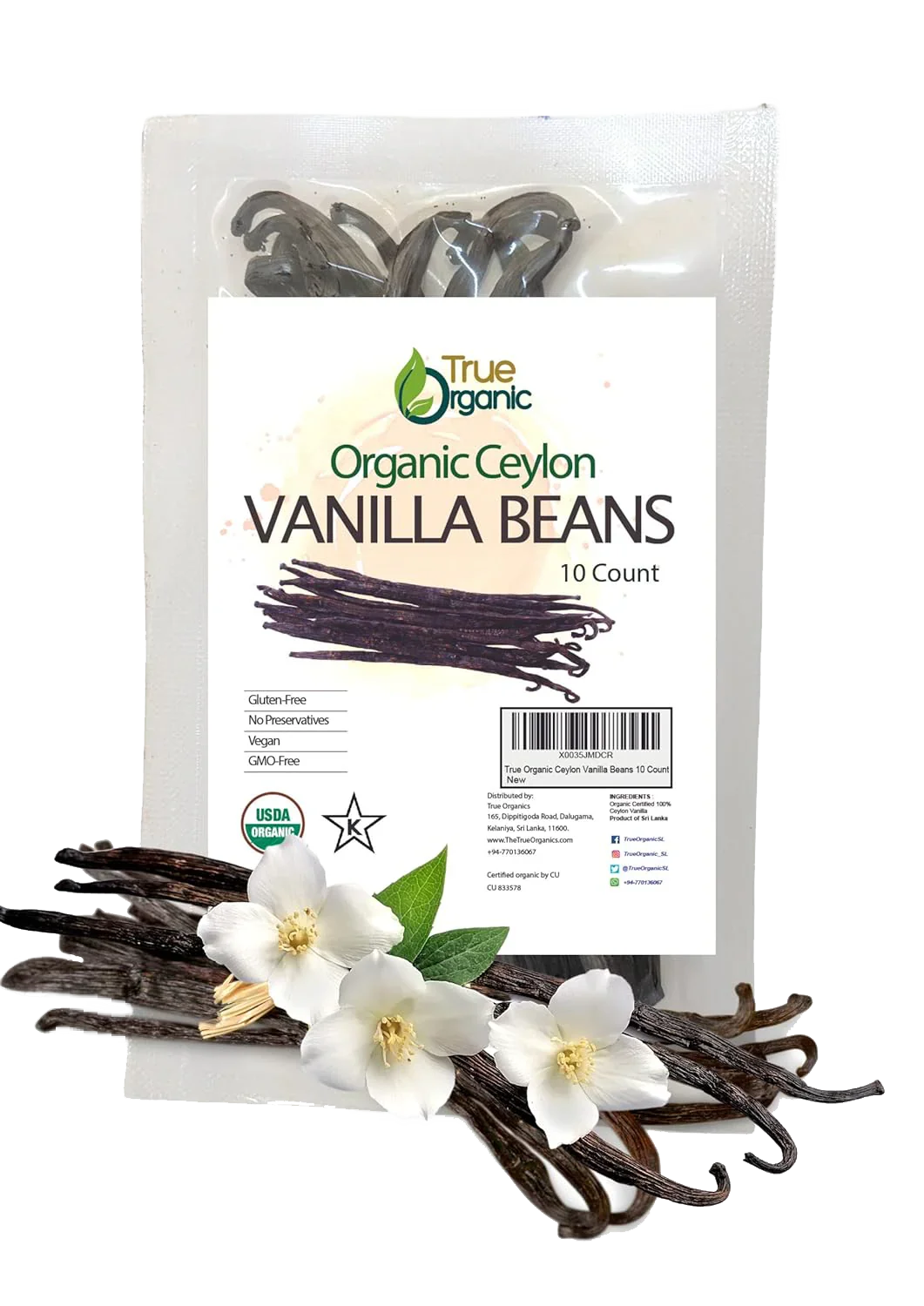 True Organic Ceylon Vanilla Beans Whole, 10 Count - True Organics