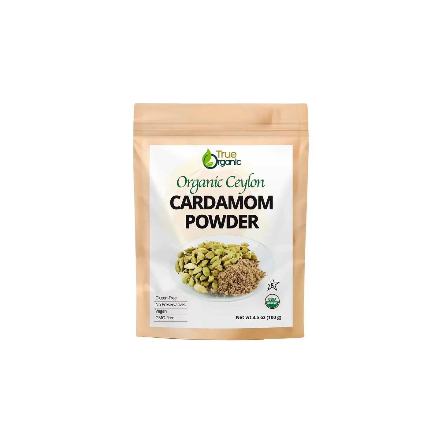 True Organic Organic Ceylon Cardamom Powder package with spices image, gluten-free vegan powder