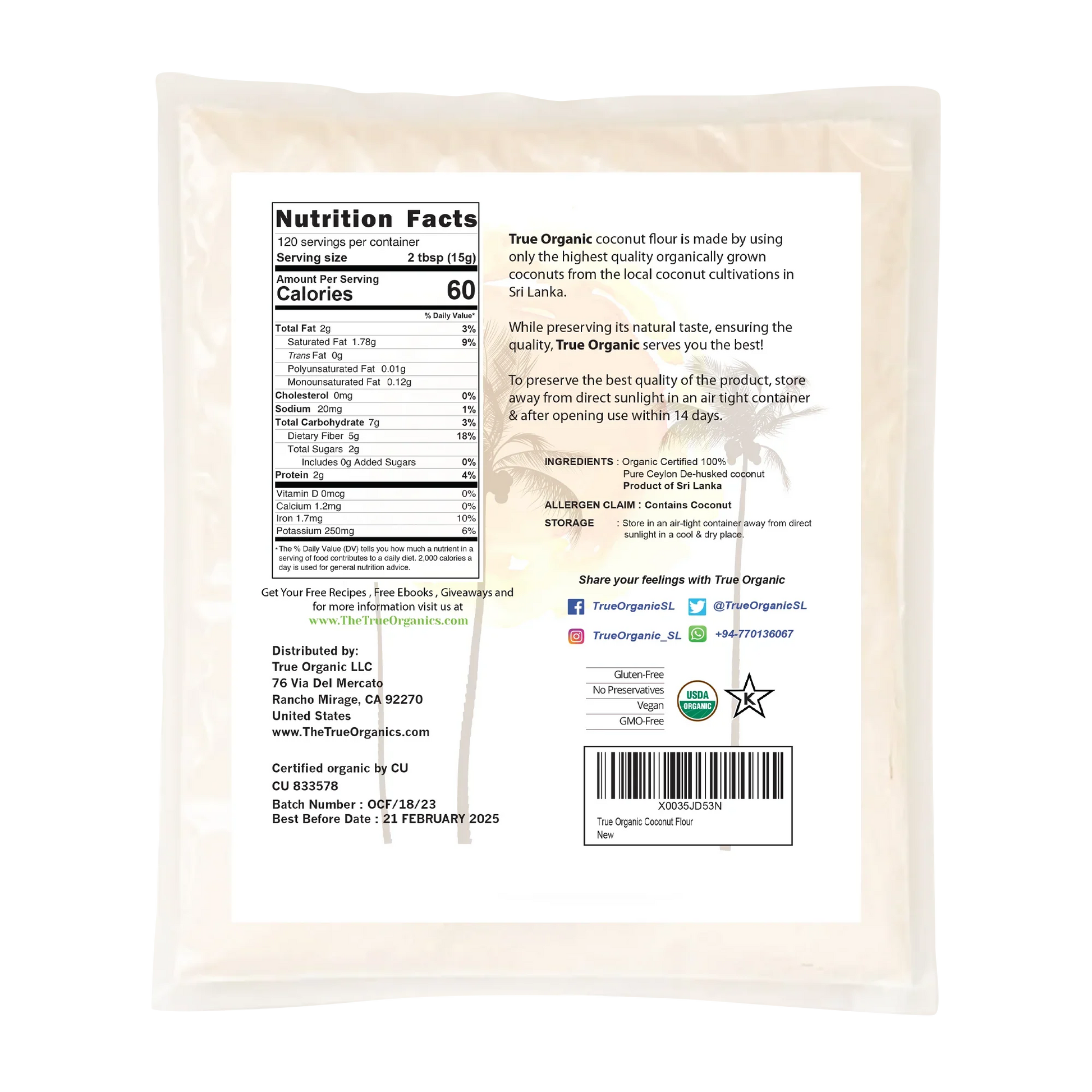 True Organic Ceylon Coconut Flour - 4 Pound Bulk Bag - True Organics
