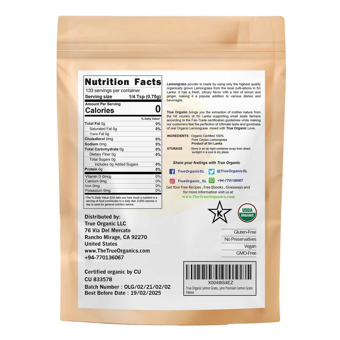 True Organic Lemon Grass Powder 3.5 oz