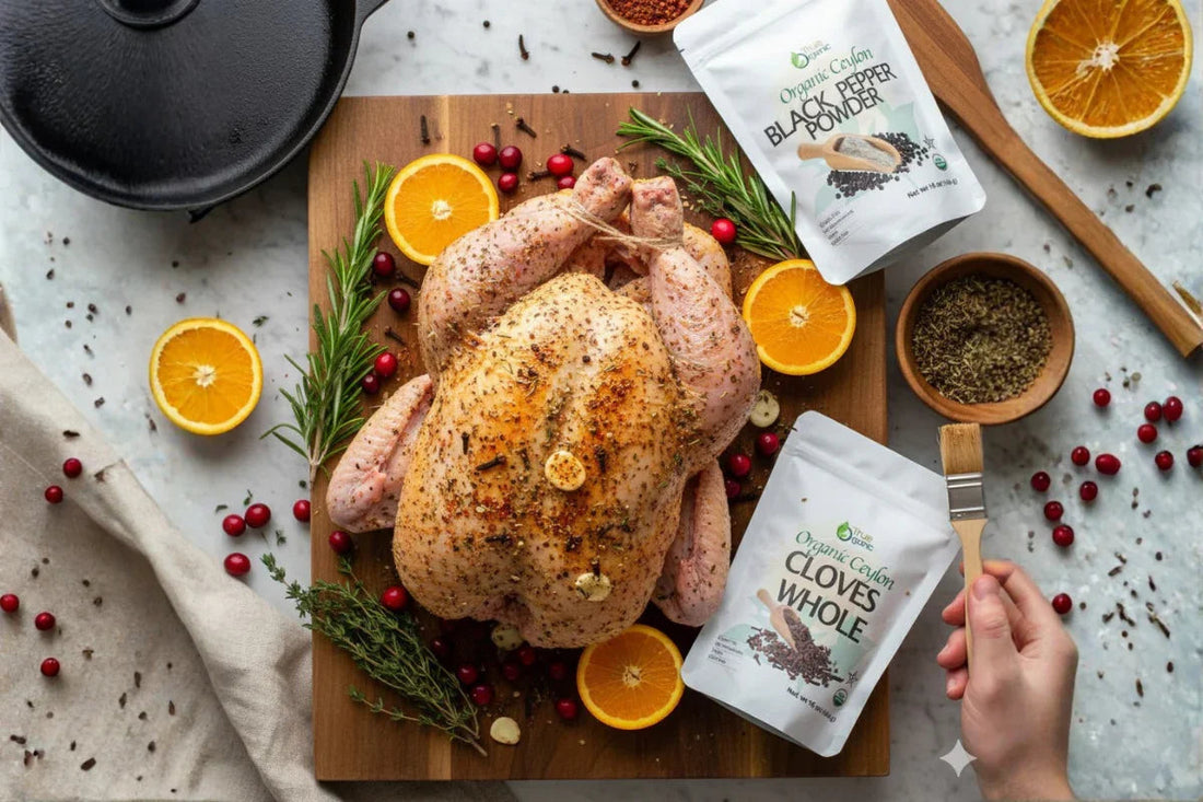 Uncooked seasoned whole chicken on wooden board with orange slices, cranberries, herbs, and spices