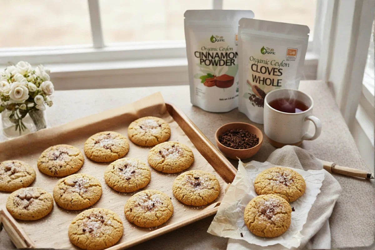 Baked cinnamon cookies on tray and parchment with organic cinnamon powder, whole cloves, and steaming tea on table