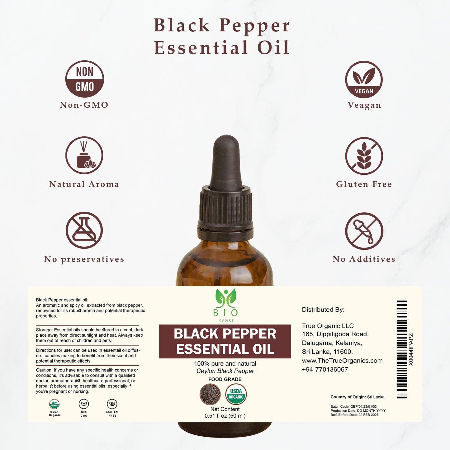 True Organic Black Pepper Essential Oil 15 mL (0.5 Fl Oz)