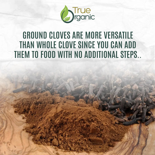 True Organic logo with ground cloves and whole cloves on wooden surface and cooking tip text