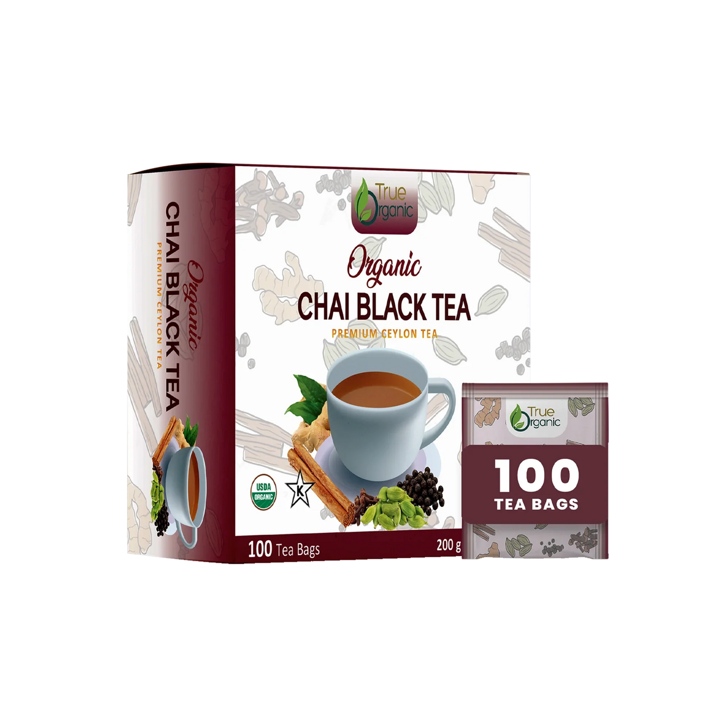 True Organic Chai Black Tea, Premium Ceylon Tea, 100 Tea Bags