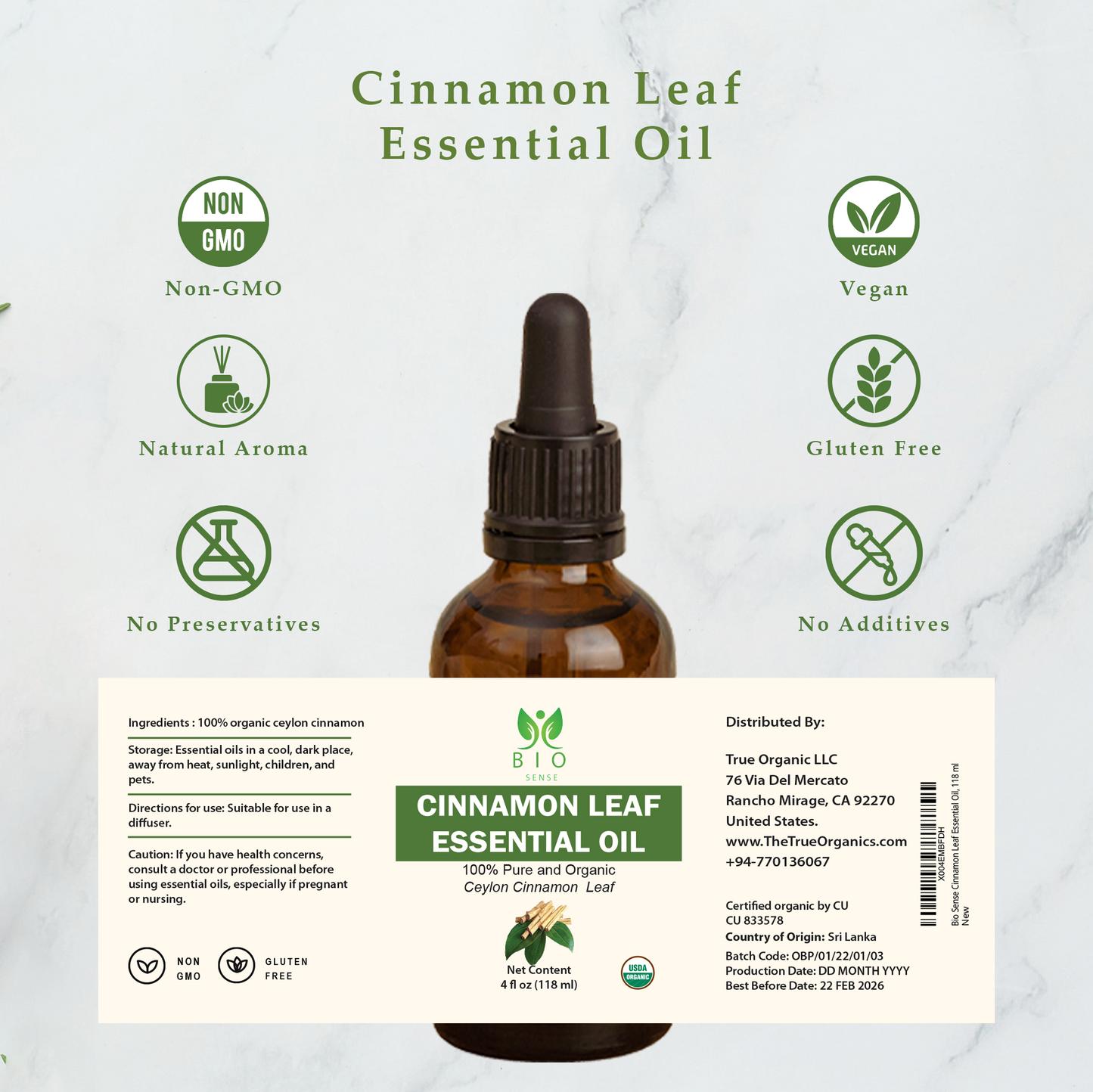 True Organic Cinnamon Leaf Essential Oil, 118 ml