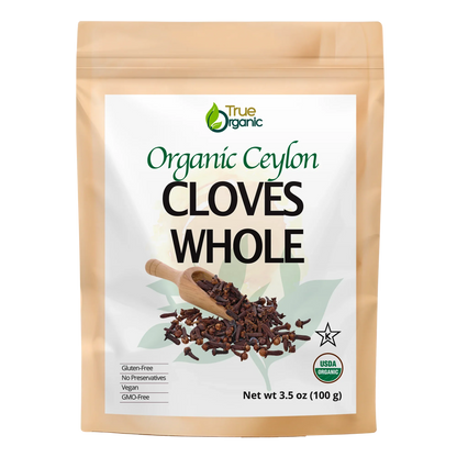 True Organic branded 3.5oz resealable bag of Organic Ceylon whole cloves with USDA organic label
