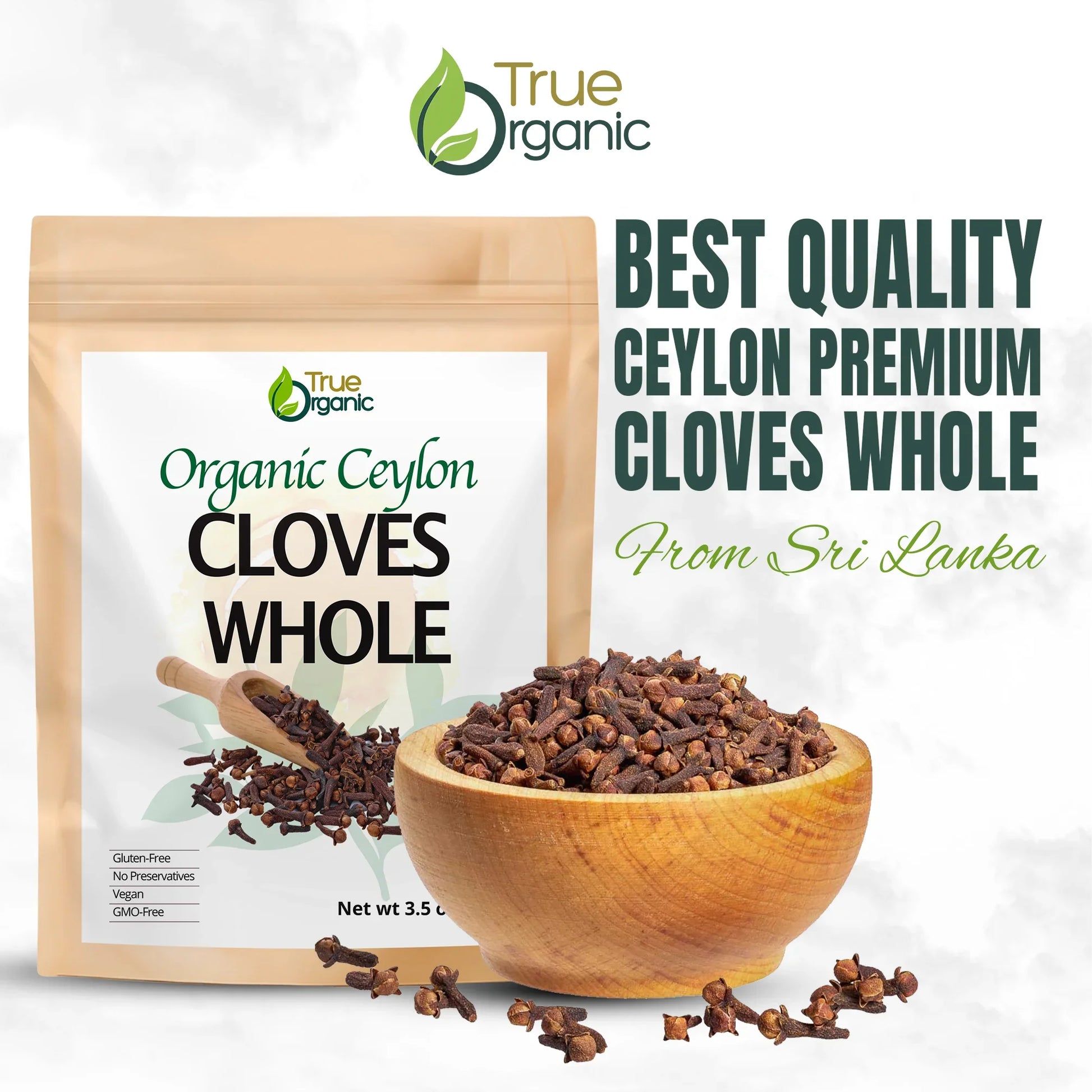 Organic Ceylon whole cloves in wooden bowl with True Organic packaging and text from Sri Lanka