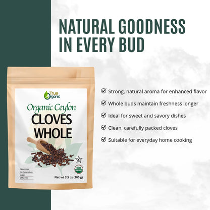 Organic Ceylon whole cloves 3.5 oz pack with natural aroma, gluten-free, USDA organic, vegan