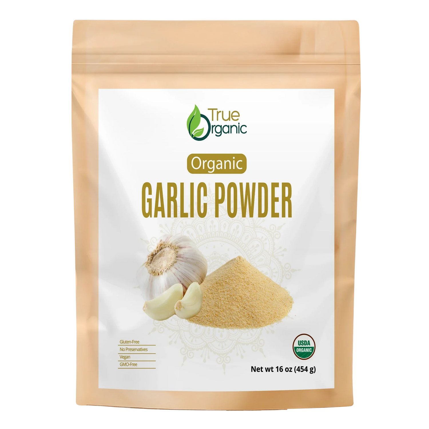 True Organic brand organic garlic powder package with garlic bulb and powder, USDA certified