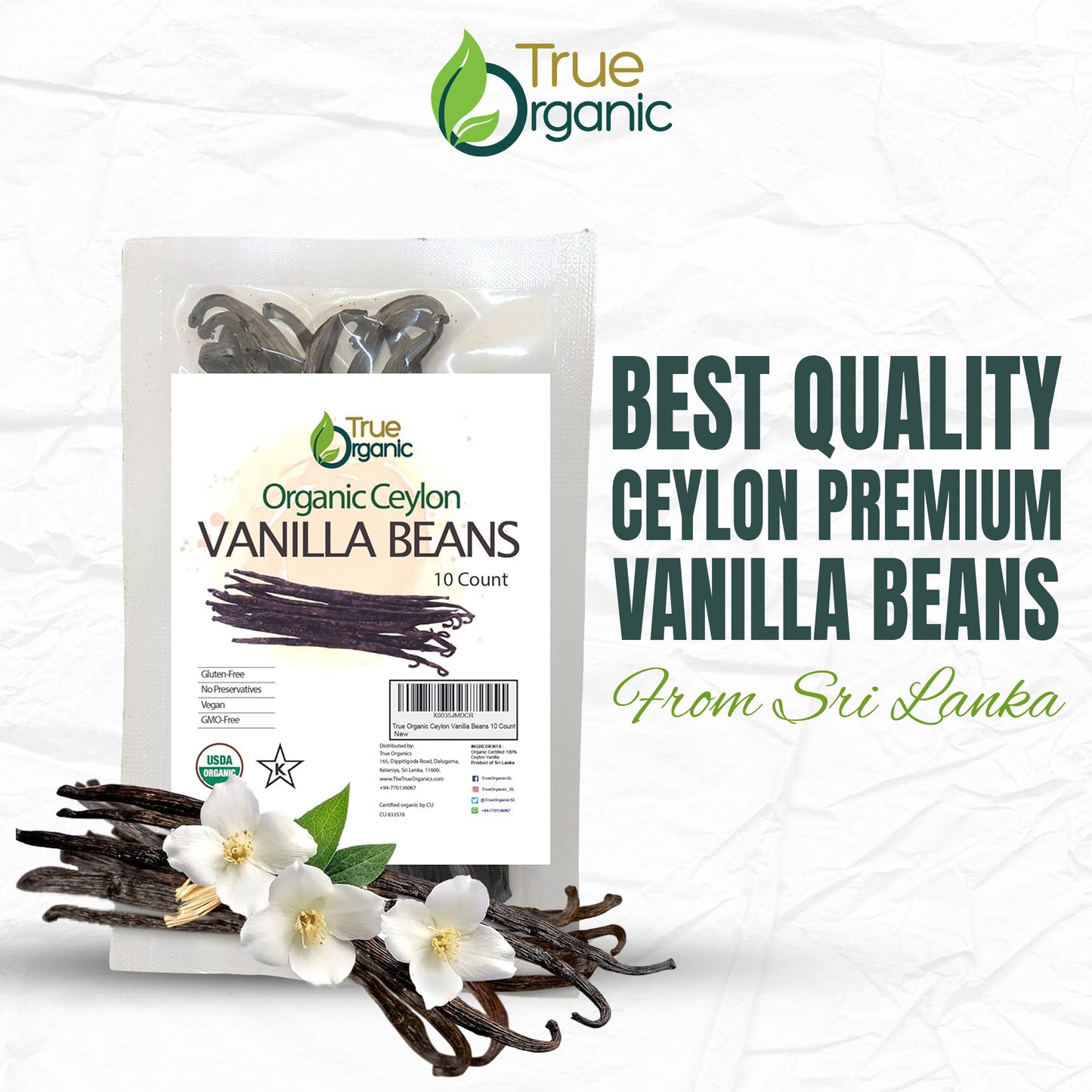 True Organic Ceylon Vanilla Beans Whole, 10 Count